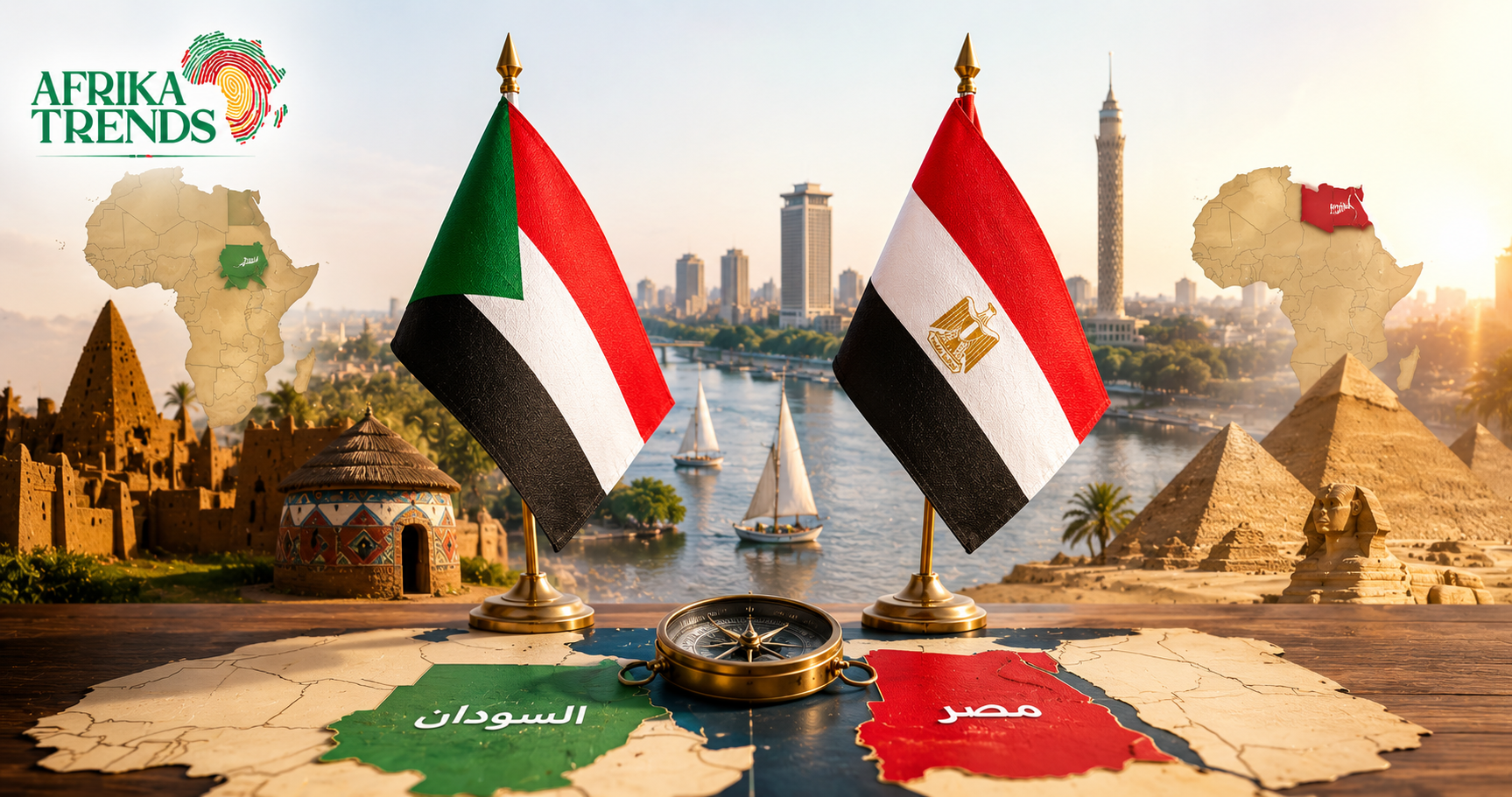 رموز وأعلام السودان ومصر في تصميم سياسي يعبر عن العلاقات السودانية المصرية والتوازنات الإقليمية